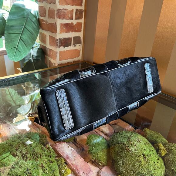 VERSACE Black Pony Hair Croc Embossed Suede Leather Dome Satchel - Picture 6 of 11